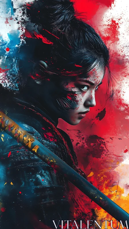 Warrior’s intense gaze cuts through splashes of battle color.