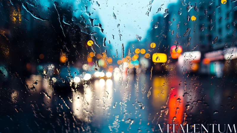 Raindrops turn city traffic into streaked neon watercolor haze