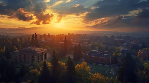 Golden sunset illuminates forested campus and sports field