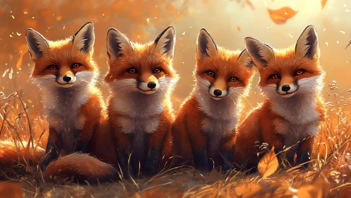 Four amber foxes trade secret smiles in glowing autumn haze