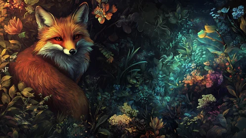 Bioluminescent forest vignette with red fox and floral glow
