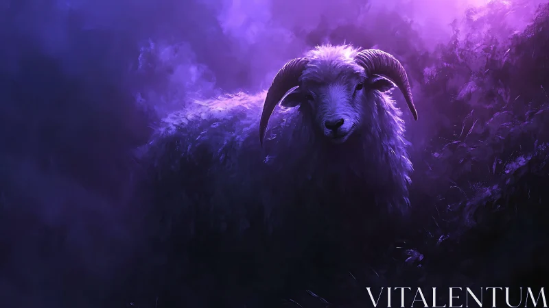 Mystic horned ram emerging through violet twilight mist.