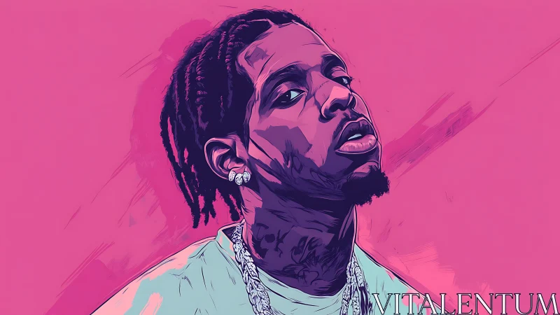 Vector portrait of braided man in jewelry on magenta ground