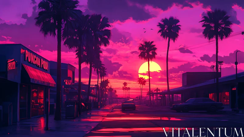 Urban palm-lined street at saturated magenta sunset scene.