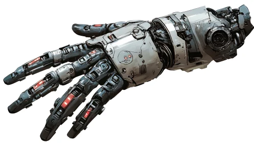 Futuristic cybernetic hand with segmented robotic plating.