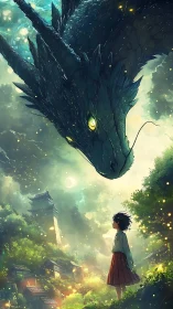 Girl stands beneath massive dragon above glowing village
