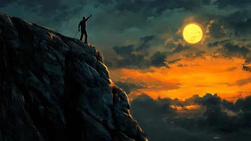 Figure on rocky slope under full moon and orange sky.