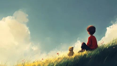 Backlit child and teddy on grassy slope under expansive sky