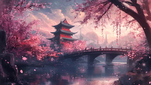 Cherry blossoms frame serene pagoda over tranquil river.