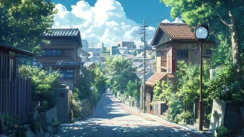 Residential sloping street shows urban houses and dense foliage