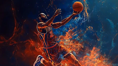 Dynamic basketball layup rendered with fiery particle effects and contrast