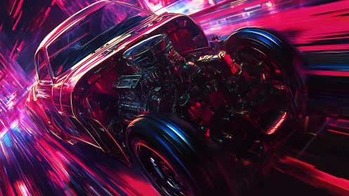 Neon-lit hot rod under heavy motion blur and reflective specular highlights