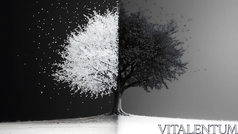 Half-shadow dreaming tree in drifting light and darkness.