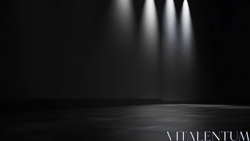 Three stage spotlights carve bright islands in velvet dark.