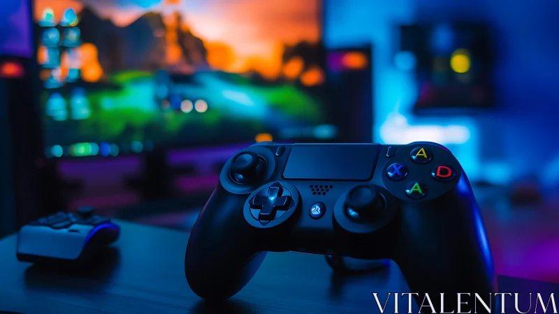 Ergonomic game controller rests before neon backlit display