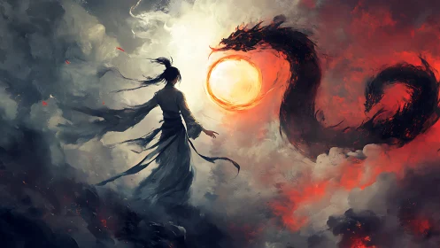 Robed figure confronting coiled dragon in fiery clouds.