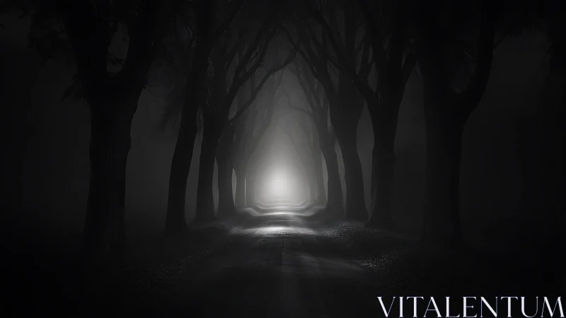 Monochrome fog corridor with silhouetted trees and vanishing light