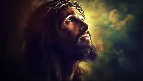 Dramatic low key portrait with crown of thorns and volumetric light