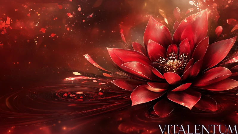 Red digital lotus flower over swirling reflective surface.