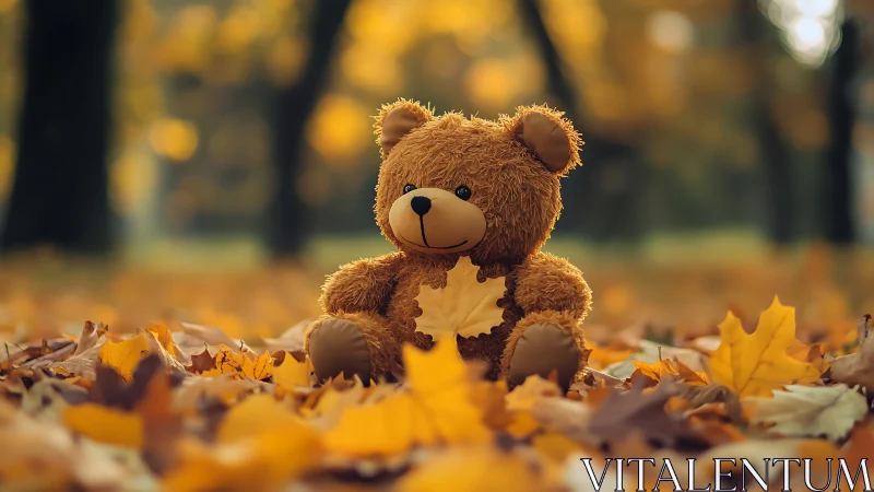 Plush teddy bear isolated in shallow‑focus autumn leaf carpet scene