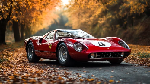 Photorealistic autumn road portrait of classic red race car.