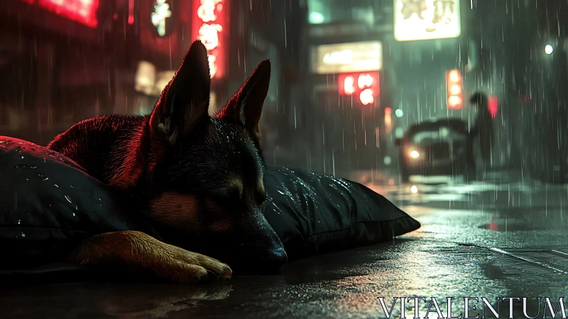 German shepherd sleeps on wet pillow in neon lit city rain