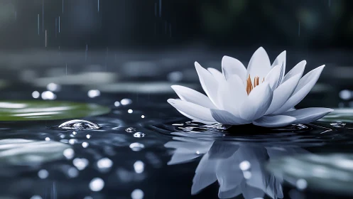 Rain-kissed lily drifts through moonlit ripples of quiet.