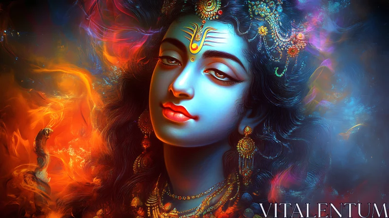 Divine blue-faced deity portrait in fiery vivid colors.