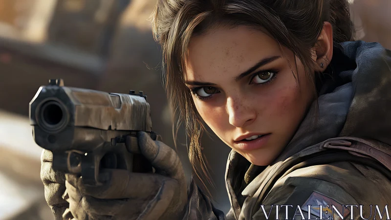 Battle-hardened heroine aiming down a dusty urban horizon.