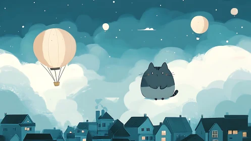 Cat floating on cloud above residential town with hot air balloons