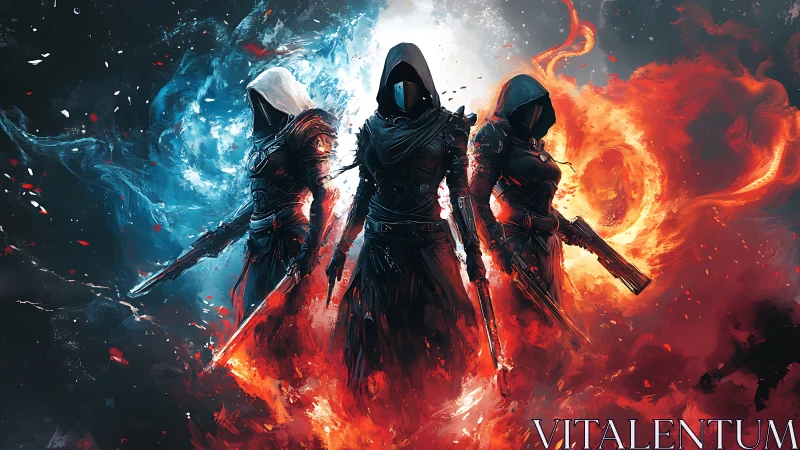 Hooded elemental guardians stand between fire and frost.