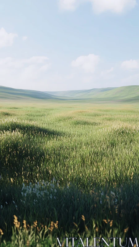 Soft sunlight drifts across a tranquil green valley meadow
