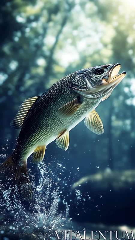 Leaping freshwater bass in luminous forest streamscape.