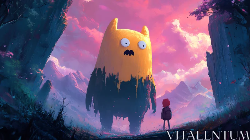 Large stylized creature facing lone child in vivid landscape.