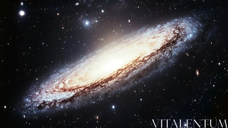 Edge-on spiral galaxy with luminous stellar core in space.