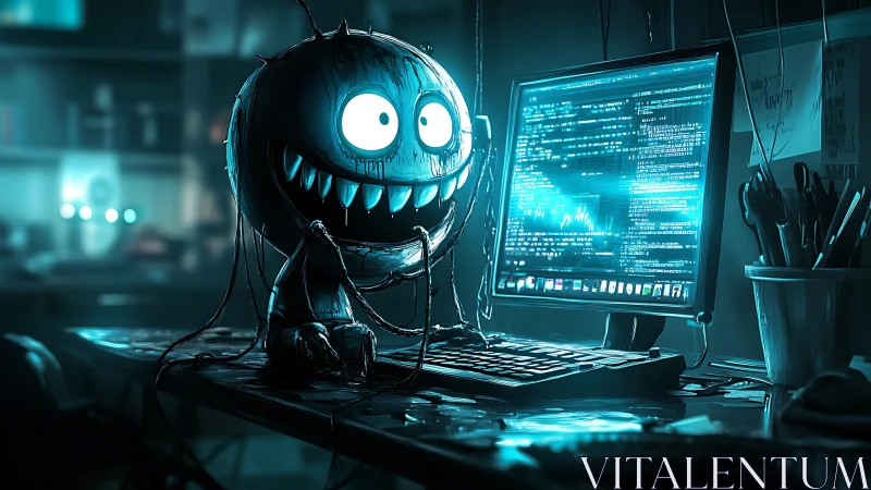 Glowing cartoon malware creature controls neon code workstation