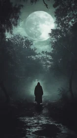 Cloaked figure under oversized moon in misted forest composition.