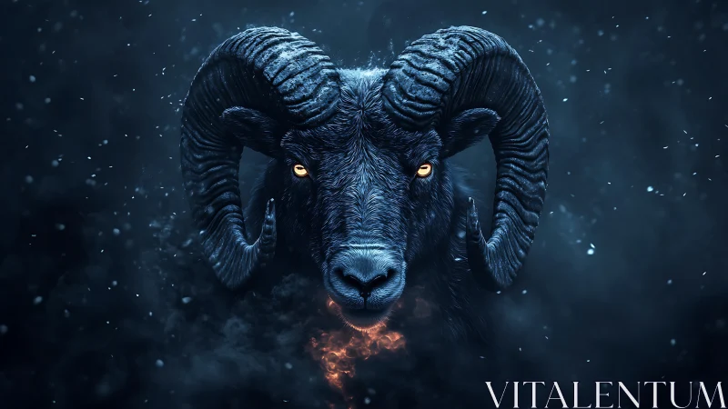Stormforged ram spirit with ember breath in midnight haze.