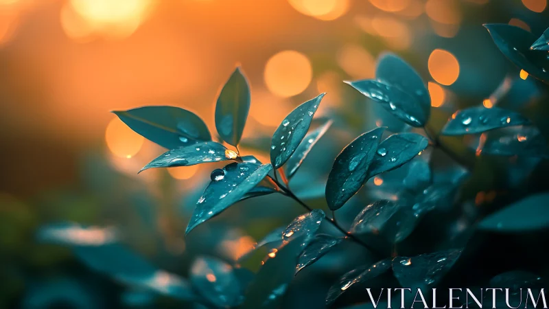 Moody close-up of wet green leaves at warm sunset.