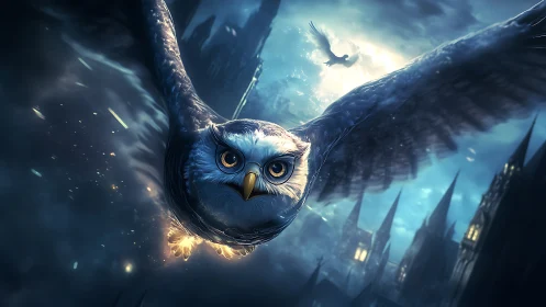 Digital owl in low-angle flight above illuminated city towers