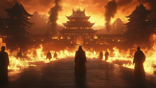 Fiery temple procession unfolds under a blazing golden sky