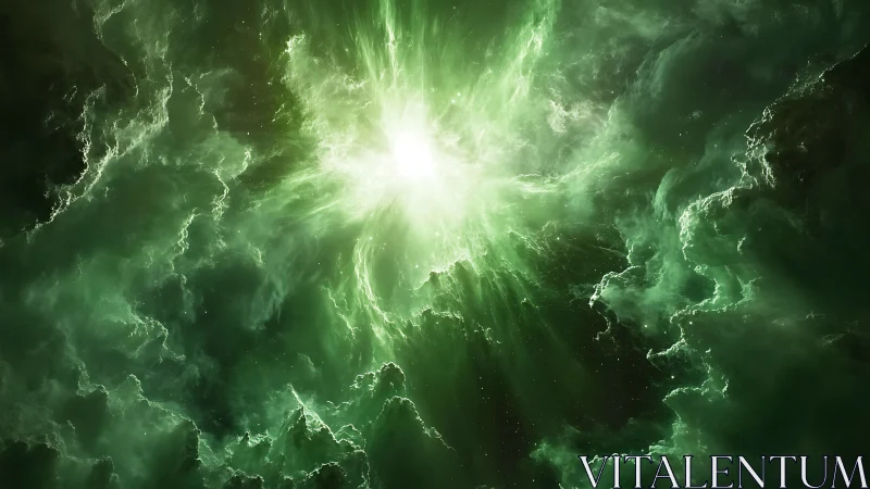 Emerald cosmic nebula erupts around radiant stellar core.