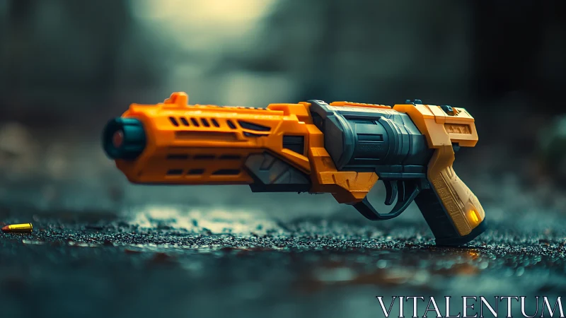 Toy blaster rests on wet asphalt in moody cinematic light