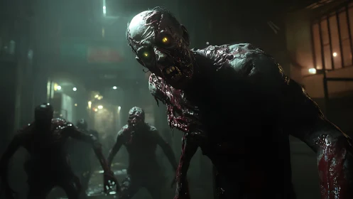 Grotesque zombie lunges forward in a dim, misty alleyway