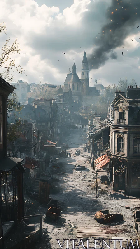 War-damaged European street shows distant church under attack