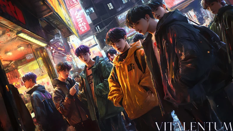 Urban youth gather under neon lights in a rain-soaked alley