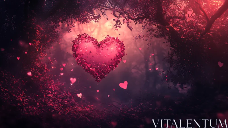 Glowing Heart Suspended in Enchanted Forest Glow