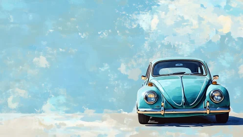 Vintage turquoise car faces viewer against abstract sky