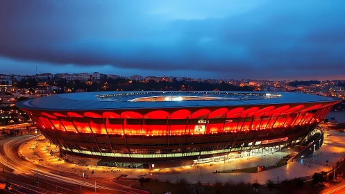 Oval urban stadium glows red against evening city skyline
