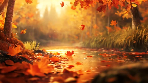 Golden autumn leaves drift gently over a glowing forest creek.
